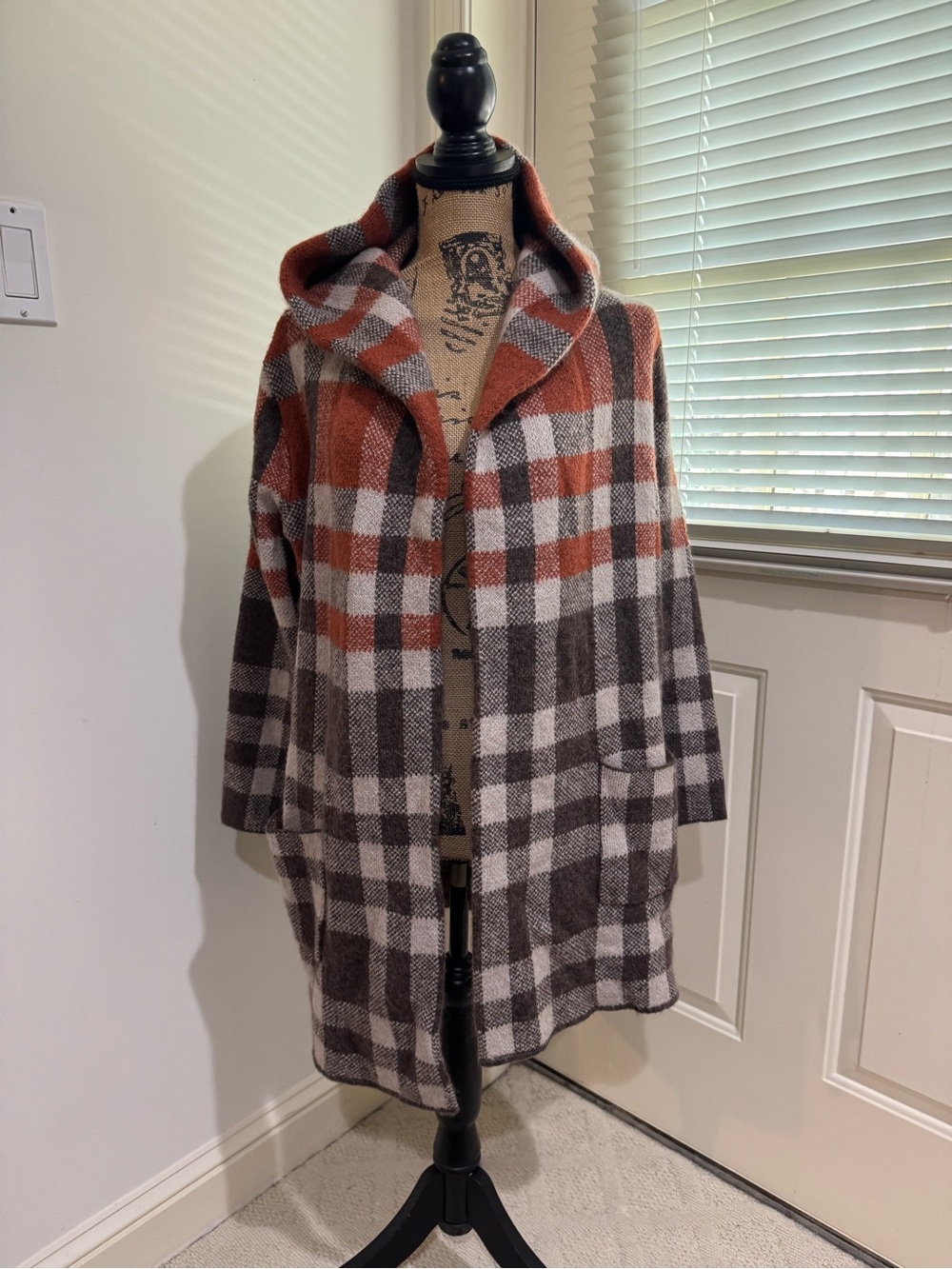 Tahari Plaid Hooded Open-Front Sweater Coat - Rust, Gray & Cream